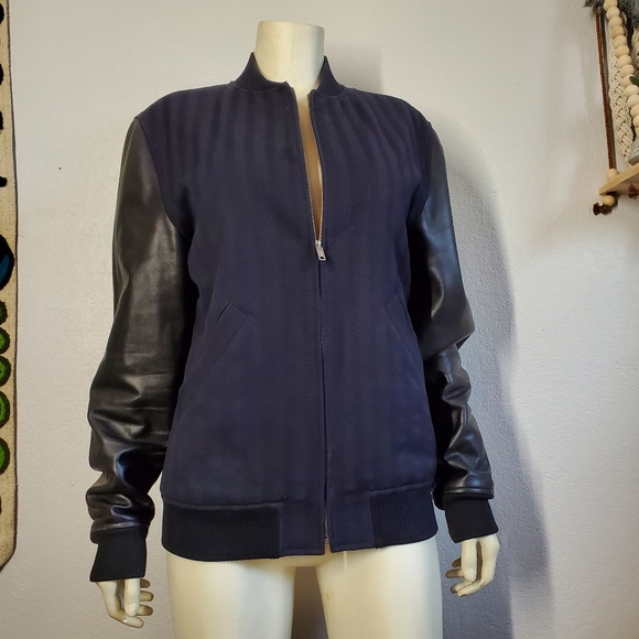 Louis W APC Navy Bomber Jacket Leather Sleeves - Picture 2 of 11